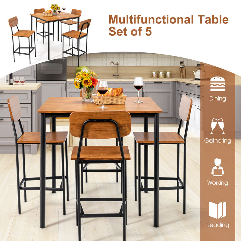 5-Piece Industrial Dining Table Set with Counter Height Table and 4 Bar Stools