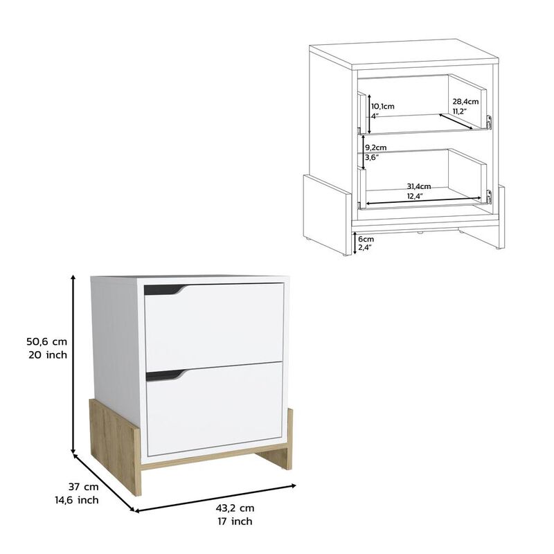 Haines Nightstand with 2-Drawers, End Table with Sturdy Base, White / Macadamia