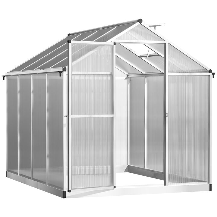 Outsunny 6' L x 6' W Walk-In Polycarbonate Greenhouse with Roof Vent for Ventilation & Rain Gutter, Hobby Greenhouse for Winter