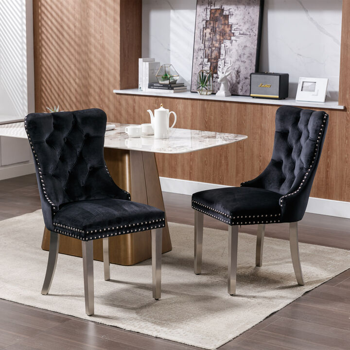 Modern, High-end Tufted Solid Wood Contemporary Velvet Upholstered Dining Chair with Chrome Stainless Steel Plating Legs,Nailhead Trim,Set of 2,Black and Chrome, SW1701BK