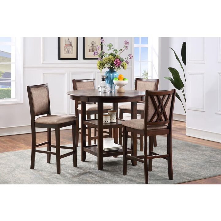 New Classic Furniture Amy 5-Piece Wood Round Counter Set with 4 Chairs in Cherry