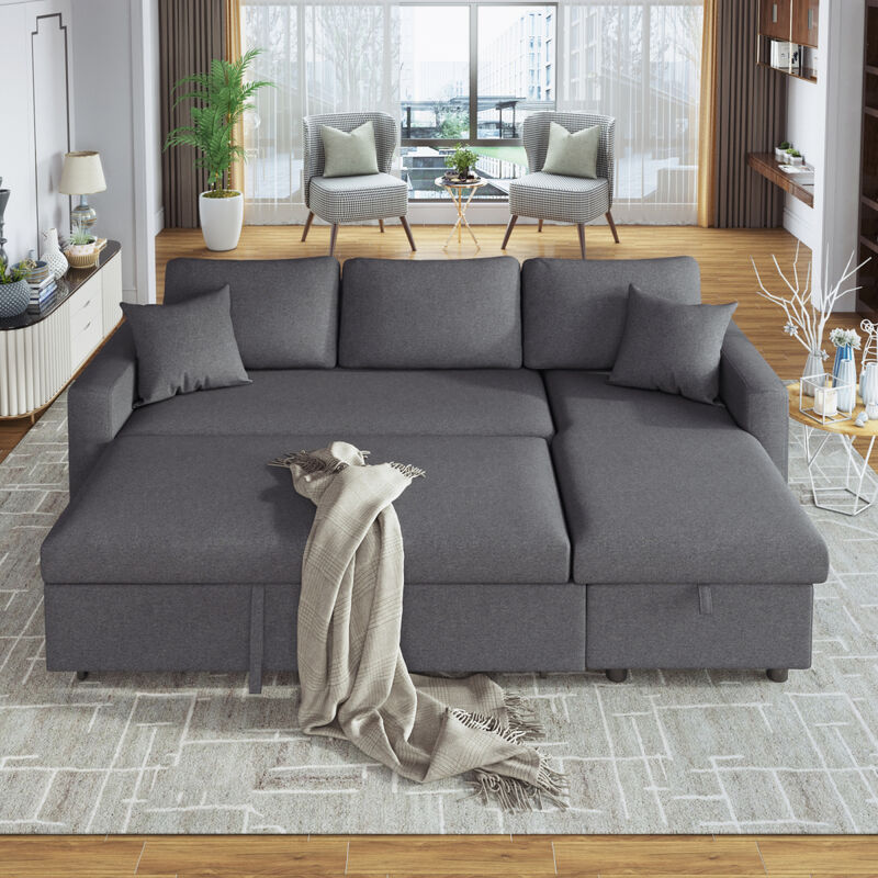 Upholstery Sleeper Sectional Sofa Grey with Storage Space, 2 Tossing Cushions