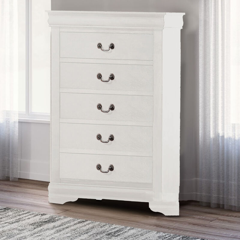 5 Drawer Wooden Chest with Metal Hanging Pulls and Bracket Feet, White-Benzara