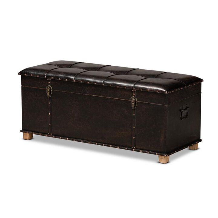 Leather Upholstered and Oak Brown Finished Wood Storage Ottoman