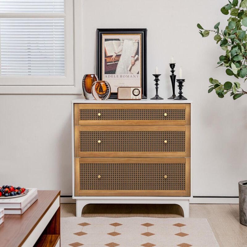 Hivvago 3-Drawer Rattan Dresser Chest with Anti-toppling Device-Brown