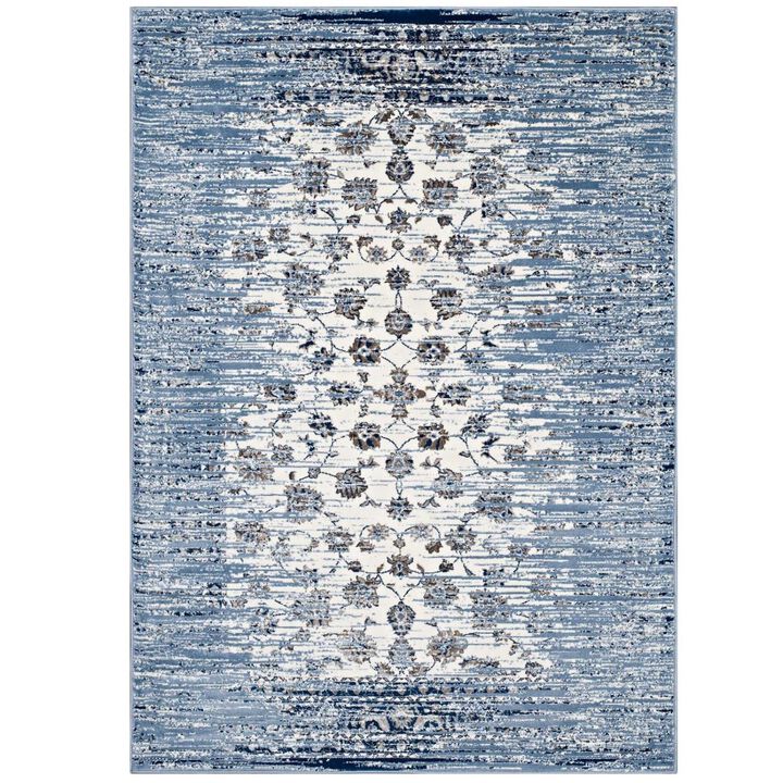 Chiara Distressed Floral Lattice Contemporary 5x8 Area Rug - Moroccan Blue and Ivory