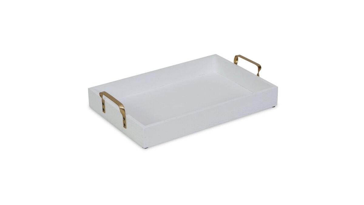 15.75" White Handcrafted Tray with Gold Side Handles