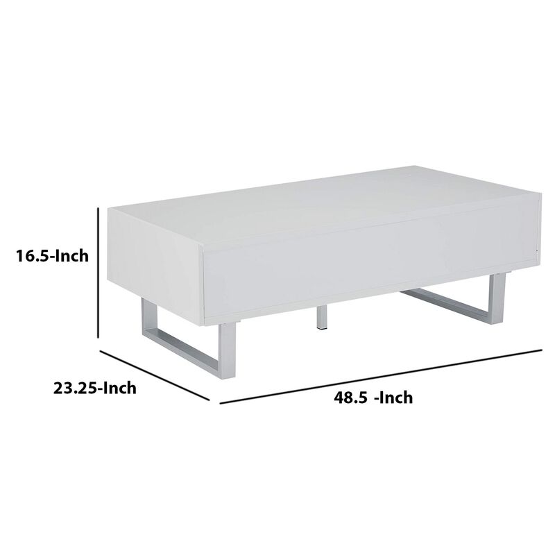 Contemporary Storage Coffee Table With Metallic Base, Glossy White-Benzara