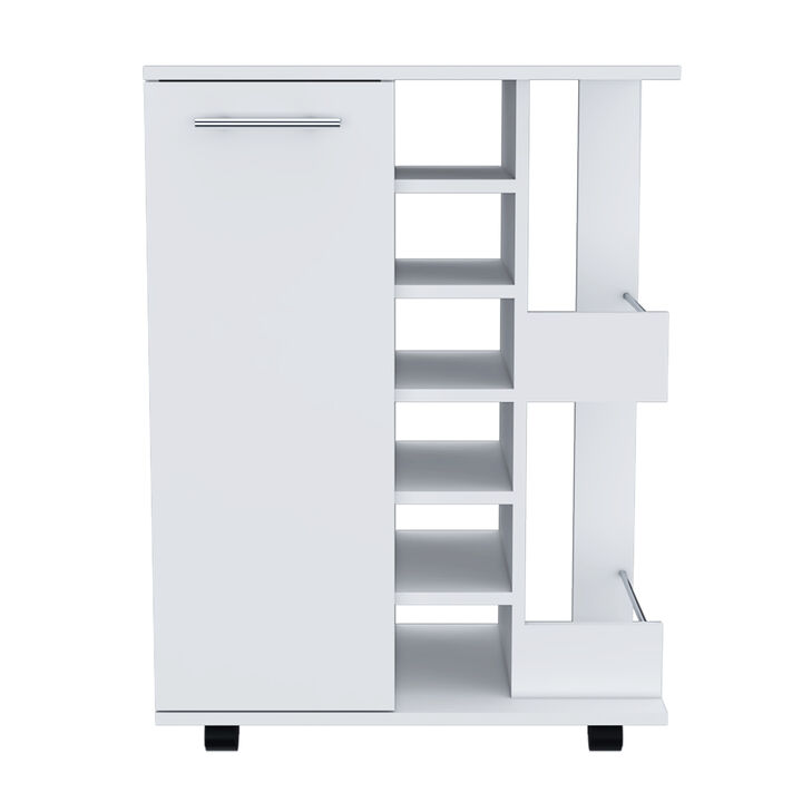 DEPOT E-SHOP Magda Bar Cart, Four Casters, Six Built-in Wine Rack, Single Door Cabinet, Two External Shelves, White