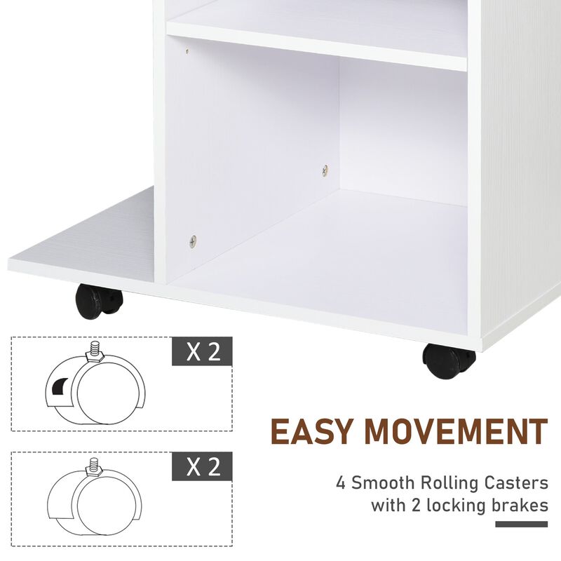 White Printer Table Desk Rolling Cart Stand with Wheels Adjustable Shelf Drawer and CPU Stand