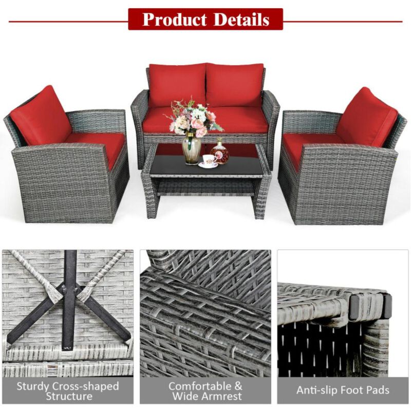 Hivvago 4 Pieces Patio Rattan Furniture Set Sofa Table with Storage Shelf Cushion