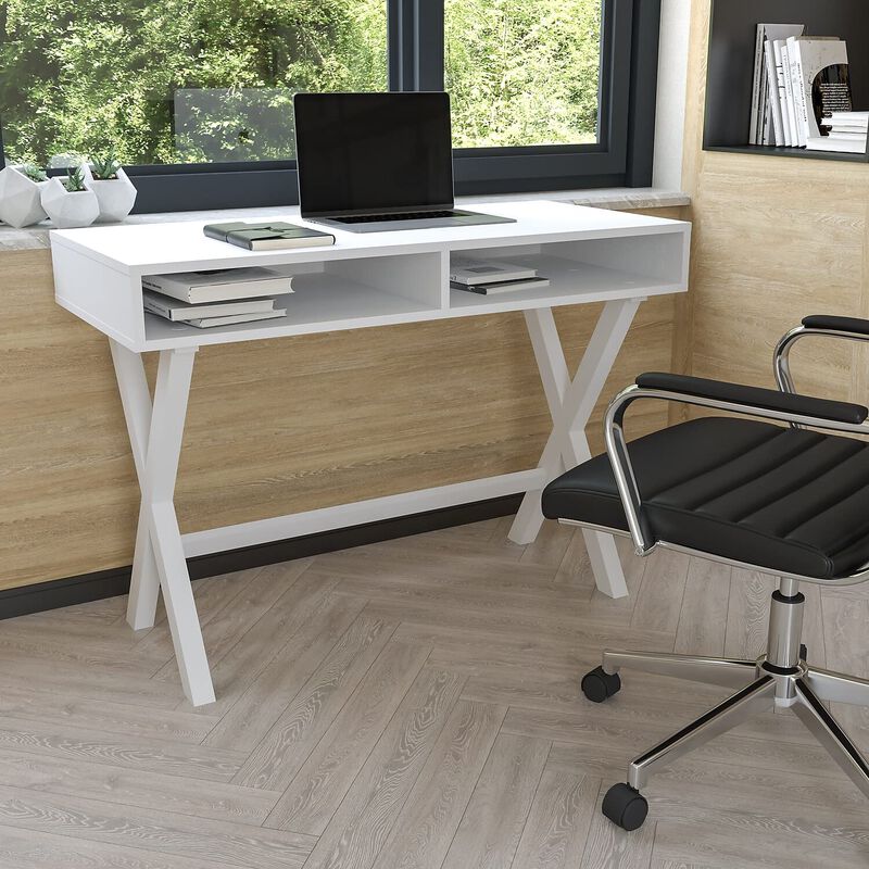 Flash Furniture Dolly Computer Desk - White Writing Desk with Open Storage Compartments - 42" Long Home Office Desk Table for Bedroom