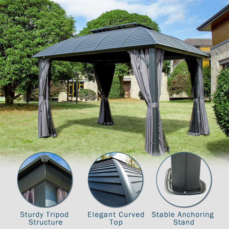 10'X12' Permanent Hardtop Gazebo with Curtains & Netting