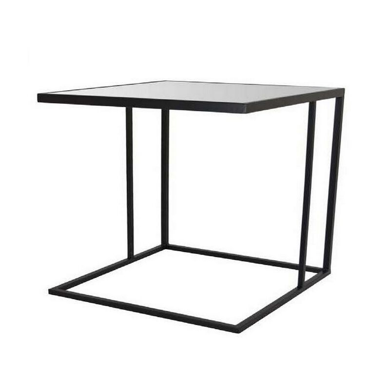 Modern Plant Stand Side Table Set of 2, Square Marble Stackable Black Metal - Benzara