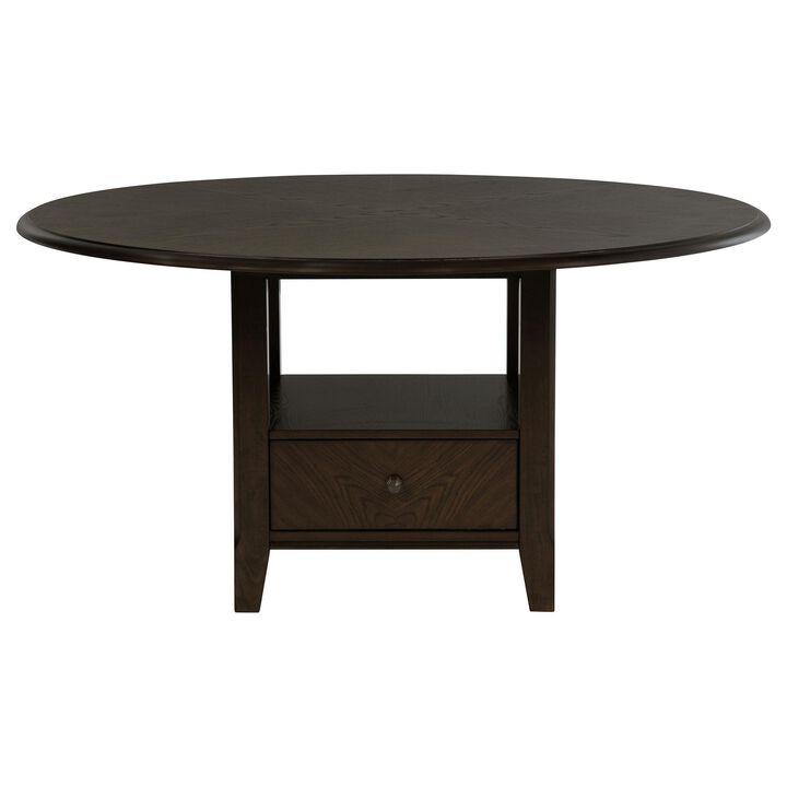 Tipa Round Dining Table with Drawer and Shelf, Dark Cocoa Wood 60 Inch - Benzara