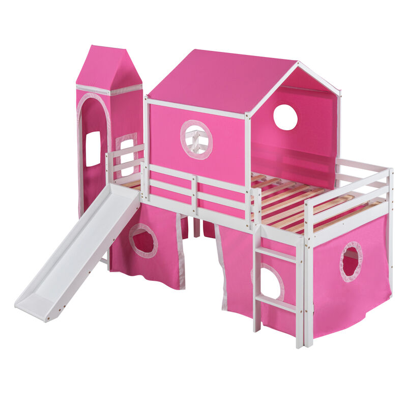 Twin Size Bunk Bed with Slide Pink Tent and Tower - Pink