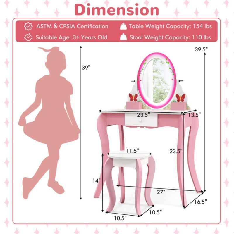 Hivvago Kids Vanity Table and Stool Set with 360Â° Rotating Mirror and Whiteboard-Pink