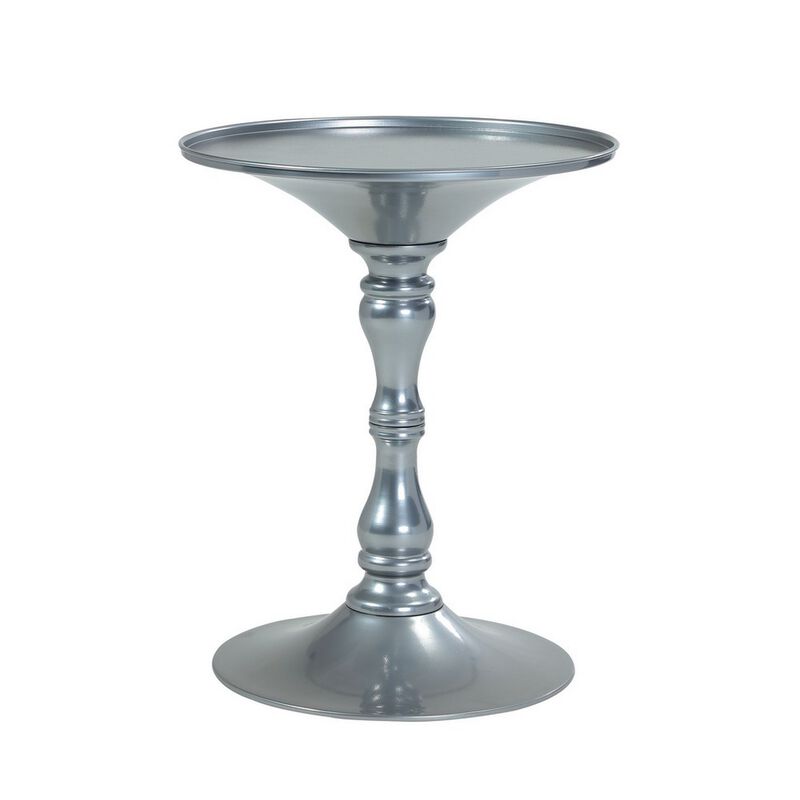 Wowi 23 Inch Side End Table, Round Hourglass Turned Base, Silver Finish - Benzara