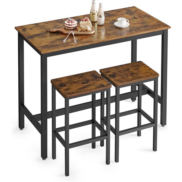 3pc Modern Bar Table Set with 2 Barstool Chairs, Black Metal Brown Wood - Benzara