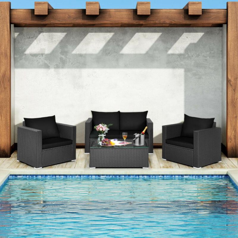 Hivvago 4 Pieces Patio Rattan Conversation Set with Padded Cushions