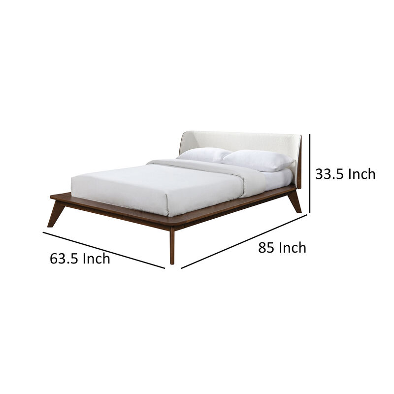 Linzy Queen Bed, Beige Boucle Upholstered Winged Edge, Brown Solid Wood