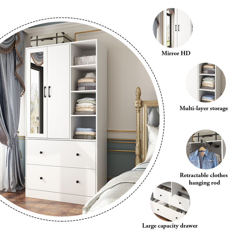 White Wood 35.5 in. W Armoires Wardrobe With Mirror, Pulling Hanging Rod, Drawers, Shelves 15.8 in. D x 70.8 in. H