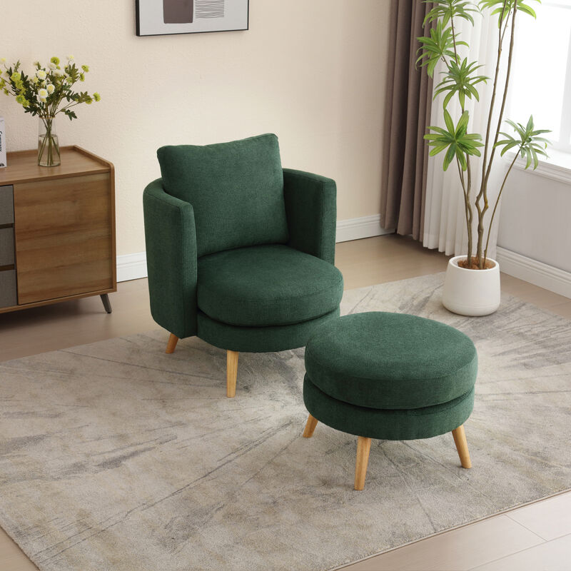 30.7" Wide Accent Chair with Ottoman Armchair Upholstered Reading Chair Single Sofa with Wooden Leg and Throw Pillow for Living Room Bedroom Dorm Room Office, Green Polyester Blend