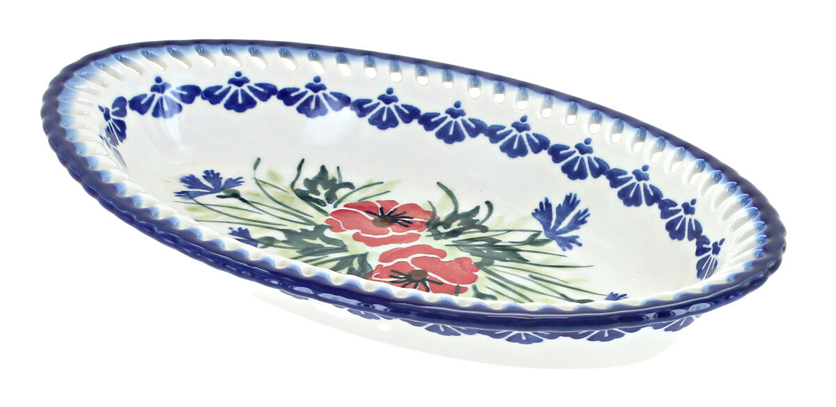 Blue Rose Polish Pottery Cherry Red Bouquet Small Oval Dish