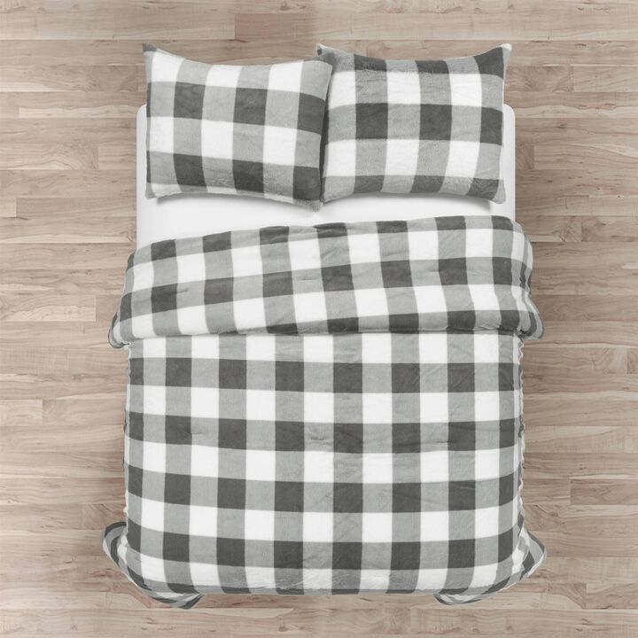 Hivvago King Size Plaid Soft Faux Fur Comforter Set in Black White Grey