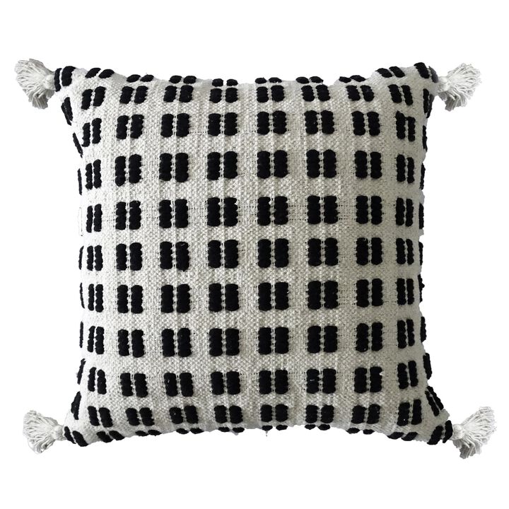 20" Beige and Black Handloomed Throw Pillow with Tassels