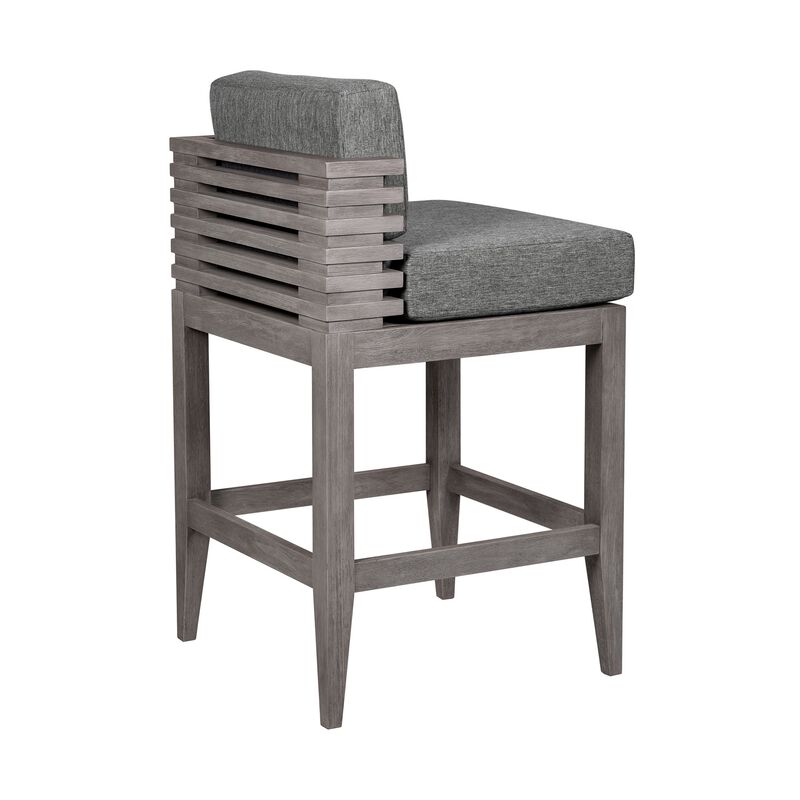 Hida 30 Inch Outdoor Patio Barstool Chair, Gray, Olefin Cushions, Wood - Benzara