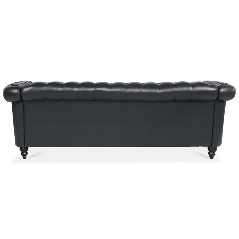 84.65" BLACK PU Rolled Arm Chesterfield Three Seater Sofa.