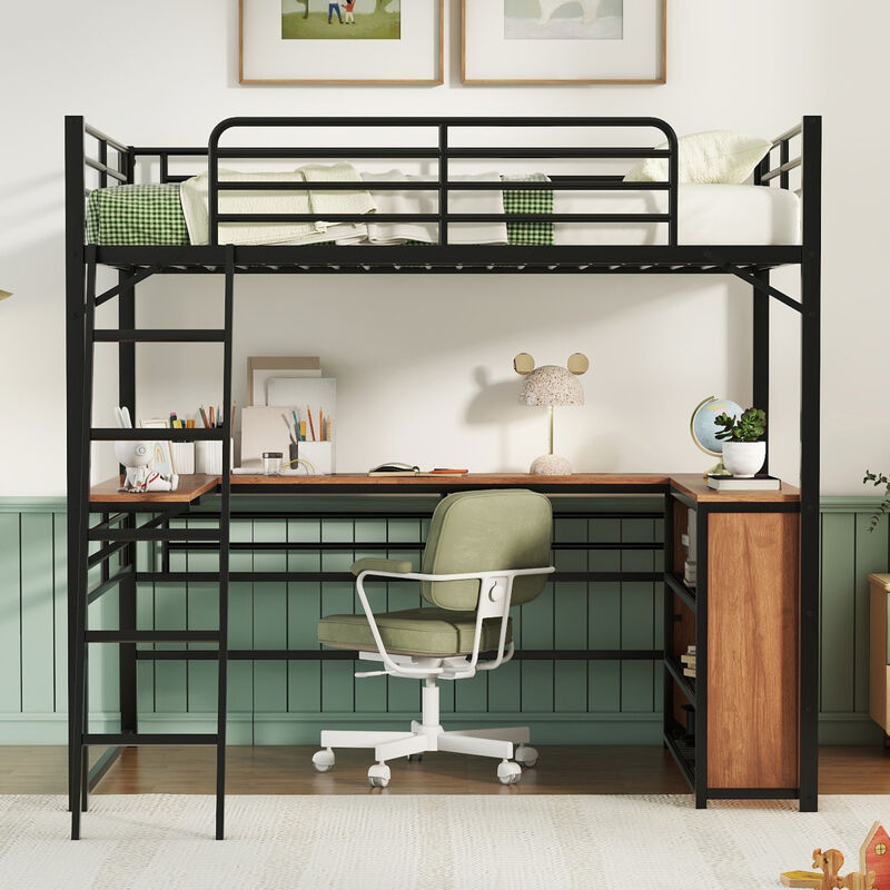 Full Size Metal Loft Bed With 3 Layers Of Shelves And L-Shaped Desk