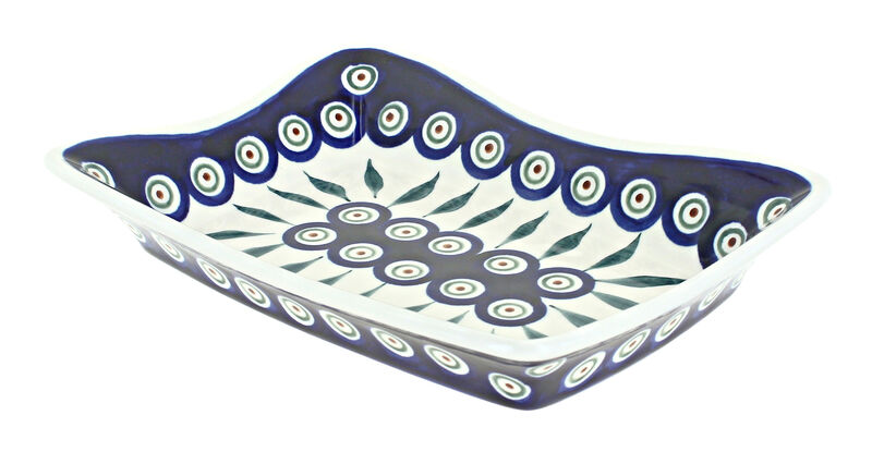 Blue Rose Polish Pottery Flowering Peacock Medium Rectangular Tray