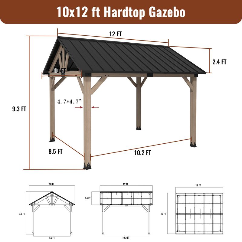 MONDAWE 10 x 12 ft. Wood Gazebo Cedar Framed Wooden Gazebo Patio Steel Hardtop Gazebo with Galvanized Steel Gable Hardtop Roof for Patio Lawn Backyard, Black Roof + Dark Wood Frame - Greenwich Serie