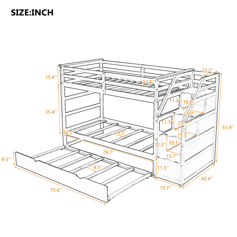 Twin-Over-Twin Bunk Bed with Twin Size Trundle and 3 Storage Stairs, White