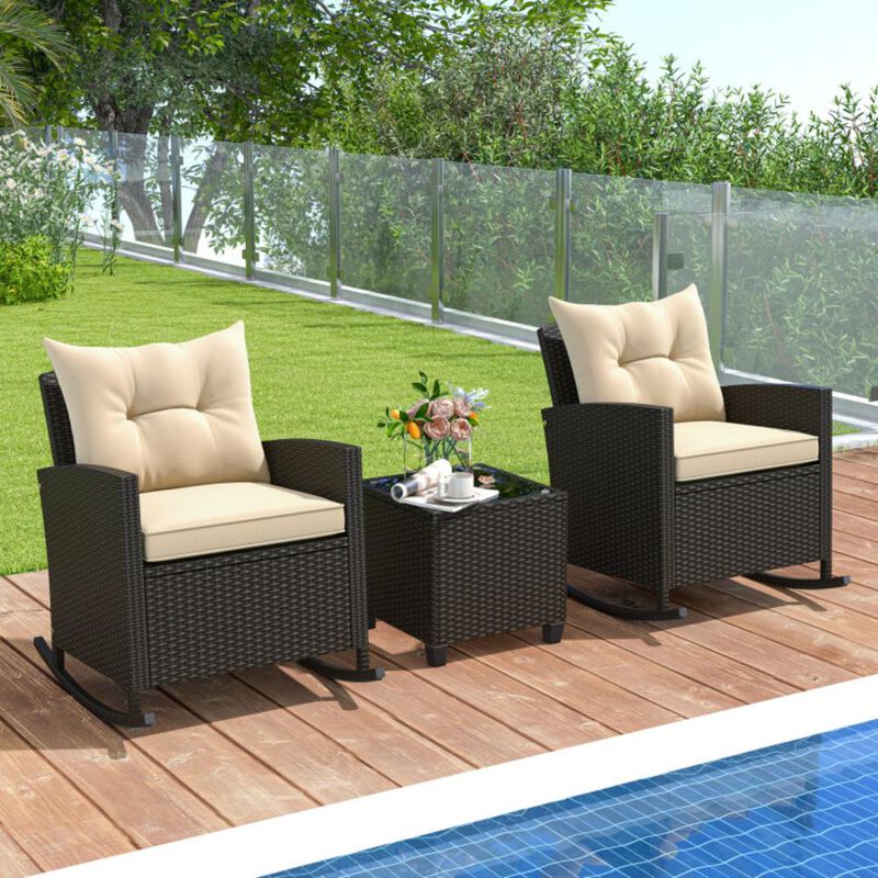 Hivvago Patio Rattan Roker Chairs with Tempered Glass Table and Soft Cushions for Backyard, Poolside Porch