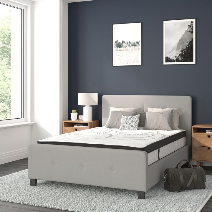 Tribeca Full Size Tufted Upholstered Platform Bed in Light Gray Fabric with 10 Inch CertiPUR-US Certified Pocket Spring Mattress