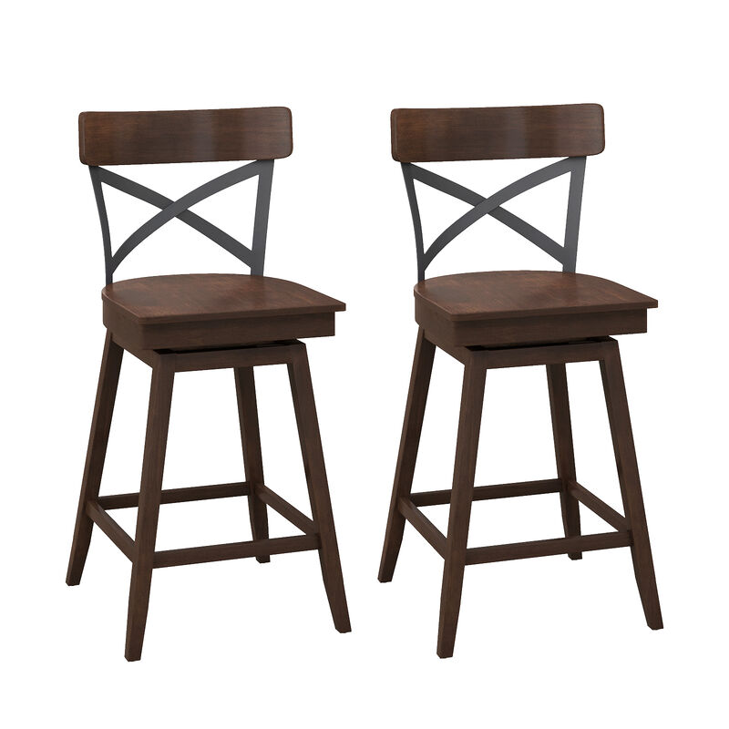 Set of 2 Wooden Swivel Bar Stools with Open X Back and Footrest-24 inches