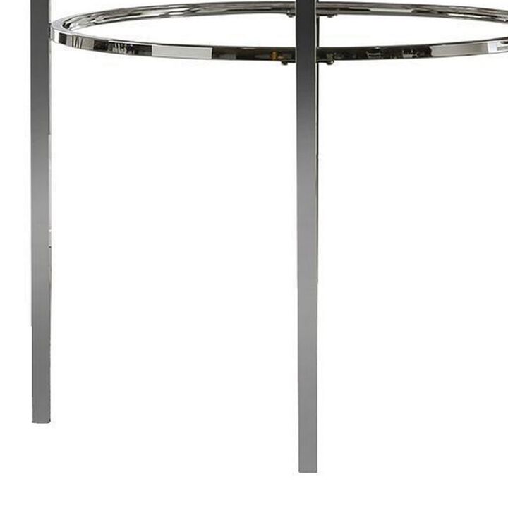 Contemporary Round Dining Table with Faux Marble Top, White and Chrome-Benzara