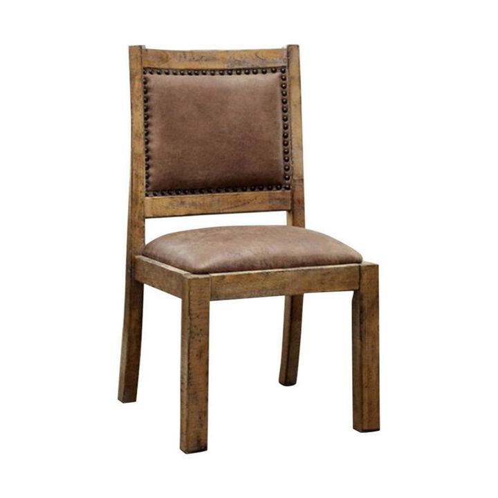 Rustic Wood Dining Chair, Vegan Faux Leather, Nailhead Trim, Set of 2,Brown-Benzara