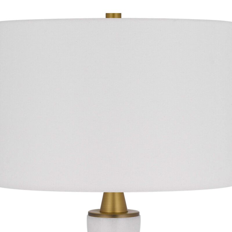 31 Inch Table Lamp with White Drum Shade, Clear Crystal Base, Brass Finish - Benzara