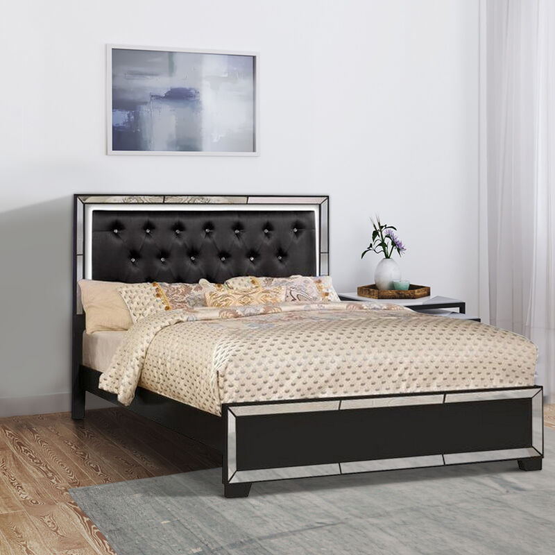 Eli Crystal Tufted Queen Bed, LED, Mirrored Inlays, Wood, Velvet, Black-Benzara