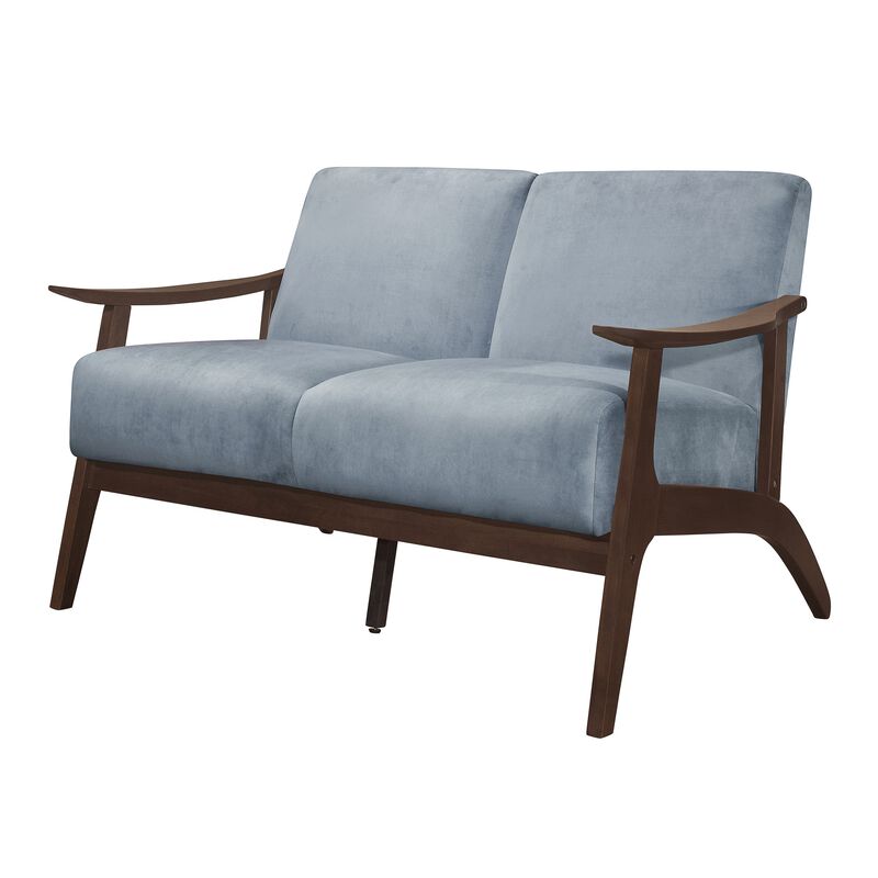 Rica 51 Inch Loveseat, Soft Blue Gray Velvet, Walnut Brown Solid Wood - Benzara