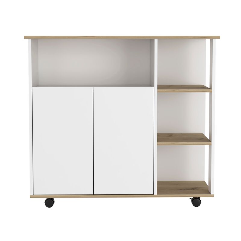 Paprika Kitchen & Dining room Cart, Four Casters , Four Open Shelves, Double Door Cabinet -Light Oak / White