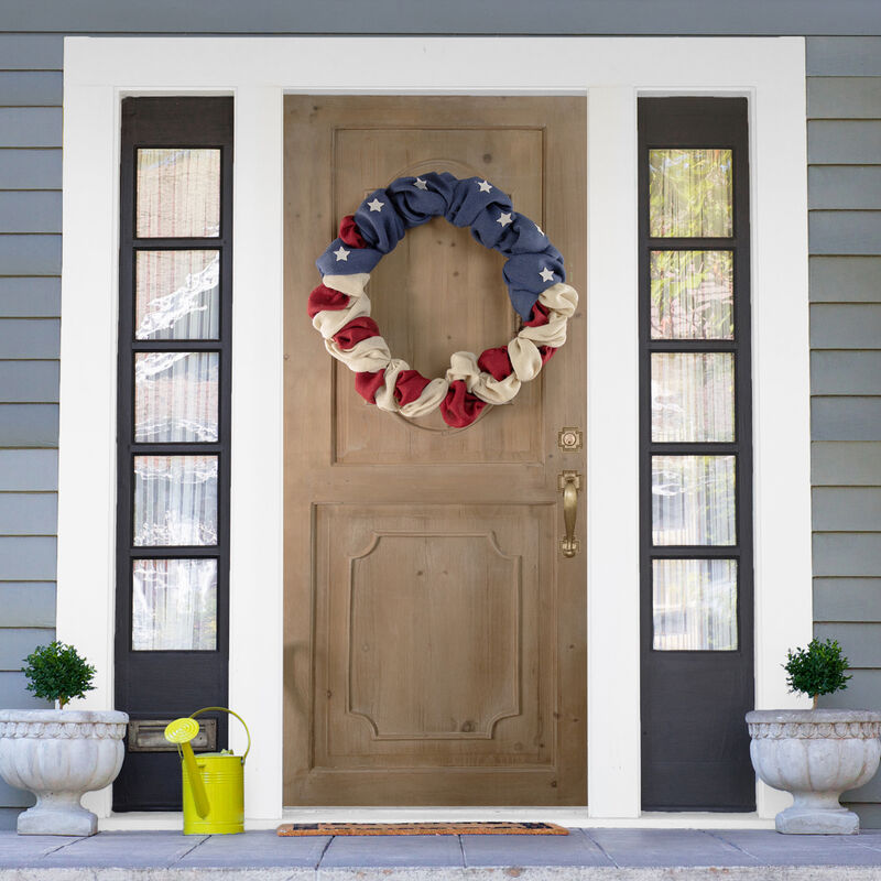 Americana Stars and Stripes Burlap Patriotic Wreath  20-Inch  Unlit