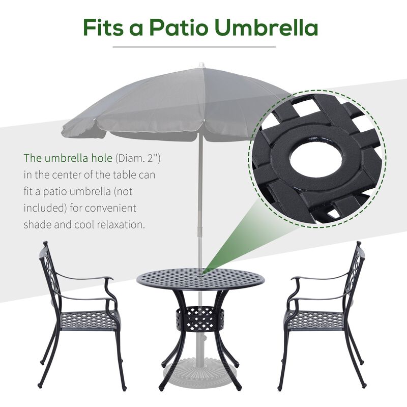 33" Patio Dining Table Round Cast Aluminium Outdoor Bistro Table with Umbrella Hole - Black