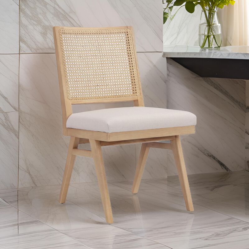 Isha Cane Side Dining Chair Set of 2, Cushioned Seat, White and Brown - Benzara