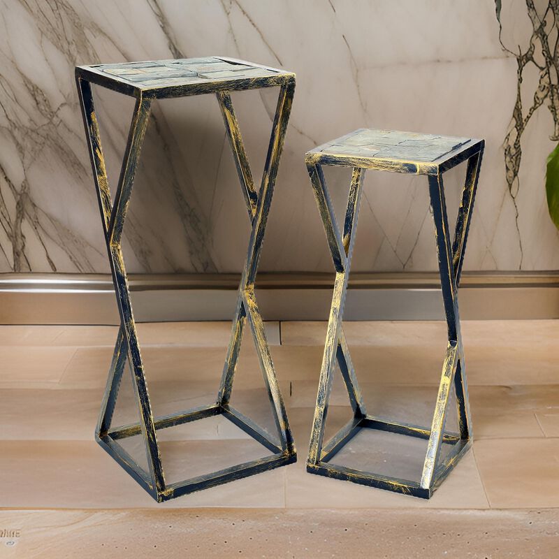 Stone Top Plant Stand with Geometric Base, Set of 2, Black and Gray-Benzara