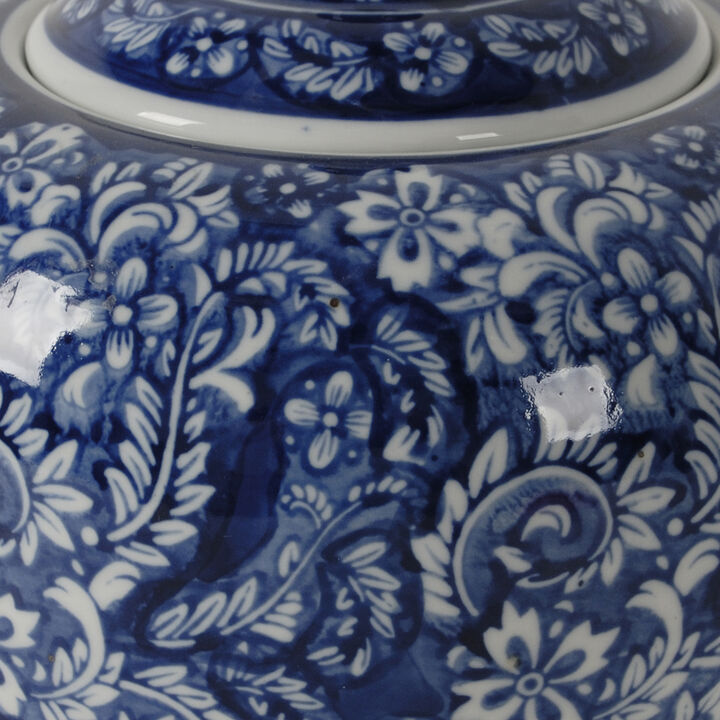 10 Inch Lidded Jar, Curved Round Persian Floral Print, Blue Porcelain - Benzara